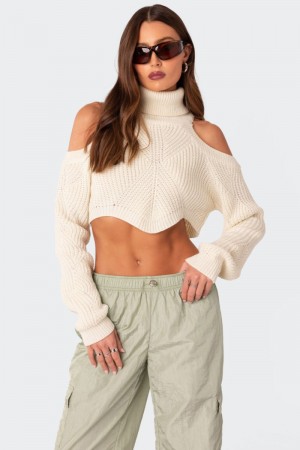 Edikted Asymmetric Cropped Open Shoulder Turtle Neck Sweater Long Sleeve Tops Cream | USA AL788508L3