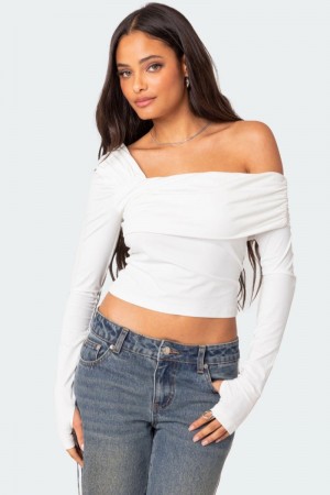 Edikted Asymmetric Fold Over Long Sleeve Tops White | USA SH248314Q9