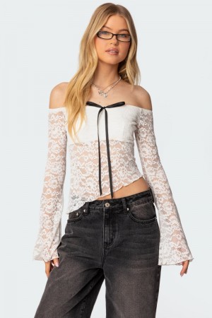 Edikted Asymmetric Sheer Lace Off Shoulder Long Sleeve Tops White | USA MJ101750N1