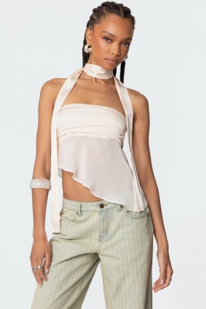 Edikted Asymmetric Two Piece Scarf Strapless Tops Cream | USA FZ455405Q6