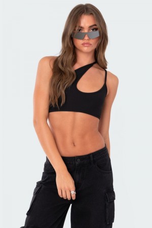 Edikted Asymmetrical Ribbed Cut Out Crop Tops Black | USA BK460916D1