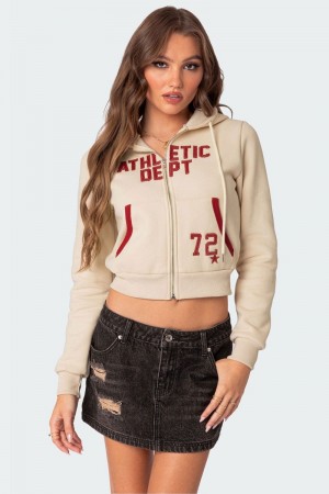 Edikted Athletic Dept Cropped Zip Up Hoodie Crop Tops Cream | USA OO567006U9