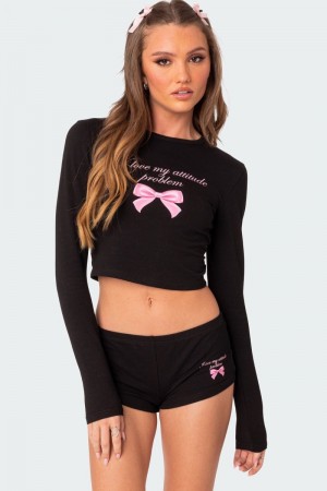 Edikted Attitude Problem Long Sleeve T Shirt Graphic Tops Black | USA DO769386L9