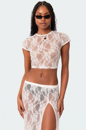 Edikted Aura Open Back Sheer Lace Crop Tops Black | USA DA829752A2