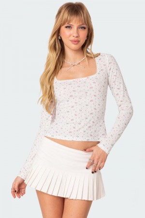 Edikted Aviana Printed Pointelle Long Sleeve Tops Cream | USA GI995069L6