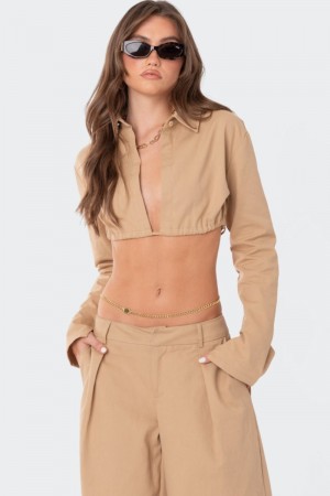 Edikted Avianna Open Back Collared Shirt Long Sleeve Tops Camel | USA HJ146224S8