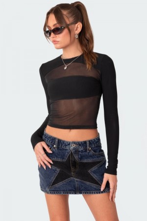 Edikted Azal Half Ribbed Mesh Long Sleeve Tops Black | USA ML680668S3