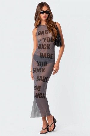 Edikted Babe Sheer Mesh Maxi Dress Maxi Dress Gray | USA KX076757H4