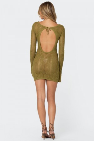 Edikted Back Cut Out Crochet Mini Long Sleeve Dress Olive | USA HS793709G1