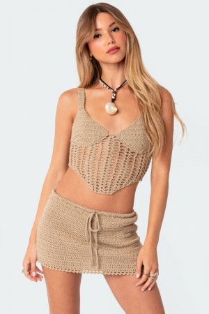 Edikted Baeside Crochet Lace Up Knitted Tops Camel | USA WR109200P1