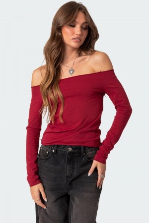 Edikted Baldwin Off Shoulder Long Sleeve Tops Burgundy | USA UA436103O2