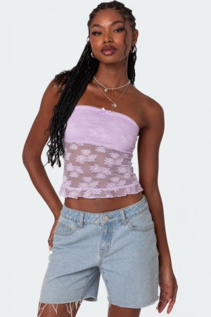 Edikted Ballet Sheer Lace Tube Strapless Tops Lilac | USA BF327282U2