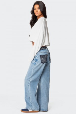 Edikted Bandana Bliss Low Rise Jeans Blue Washed | USA VD761316W4