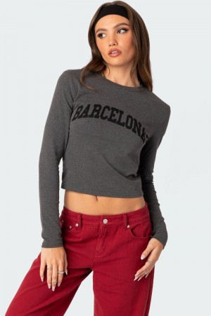 Edikted Barcelona Long Sleeve T-Shirt Graphic Tops Dark Gray | USA YB110731E6