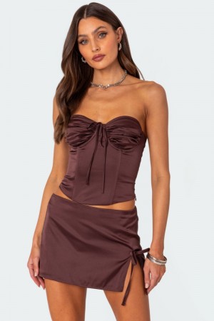Edikted Bea Satin Lace Up Corset Strapless Tops Brown | USA FE576857L9