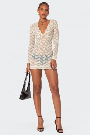 Edikted Beck Plunge Neck Sheer Lace Mini Long Sleeve Dress Cream | USA II769886Q6