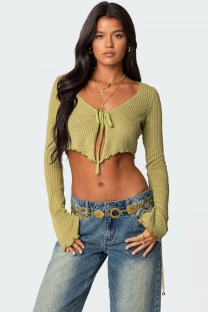 Edikted Bekkah Ribbed Tie Front Knitted Tops Olive | USA QO949874Y1
