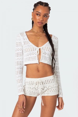 Edikted Betsy Tie Front Knitted Cardigan Crop Tops Brown | USA ZI385308D3