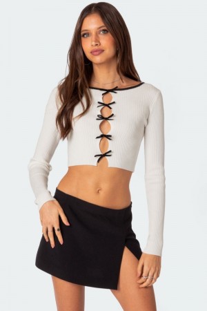 Edikted Billy Bow Cut Out Ribbed Crop Knitted Tops Black And White | USA VN393869I2