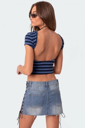 Edikted Blakely Open Back T Shirts Blue And Navy | USA TT962826R0