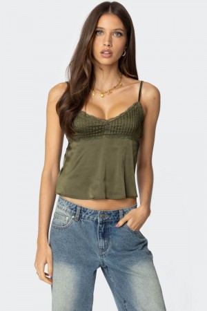 Edikted Blanca Satin Lace Trim Tank Top Green | USA NF543674M6