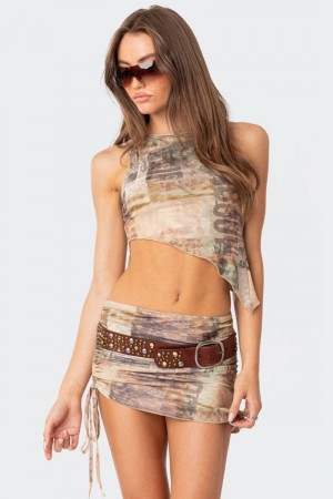 Edikted Boa Mesh Asymmetric Printed Tank Top Mix | USA LF046354A8
