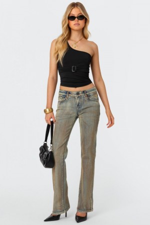 Edikted Boot Cut Low Rise Mud Washed Jeans Blue Vintage Washed | USA FZ828942K9