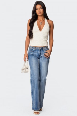 Edikted Boot Cut Washed Low Rise Jeans Blue Washed | USA YT688818K0