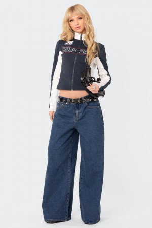 Edikted Boss Babe Zip Up Sweatshirt Long Sleeve Tops Navy | USA CY490529A5