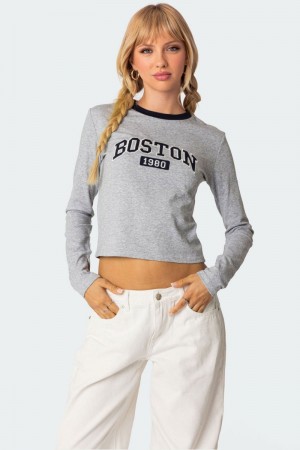 Edikted Boston Long Sleeve T Shirt Graphic Tops Gray Melange | USA NH324312G1