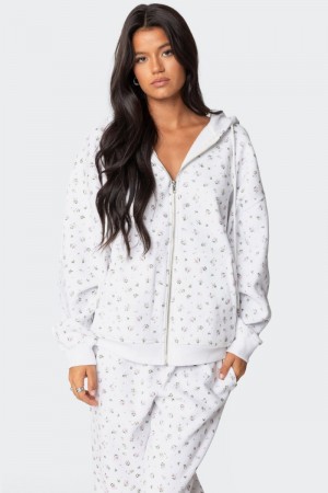 Edikted Bouquet Oversized Zip Up Hoodie Long Sleeve Tops Cream | USA GO705670I0
