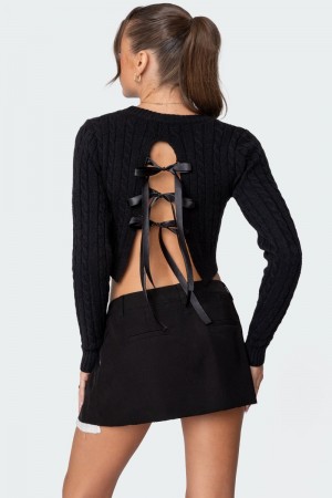 Edikted Bow Back Cropped Cable Knit Sweater Black | USA GN603100A2