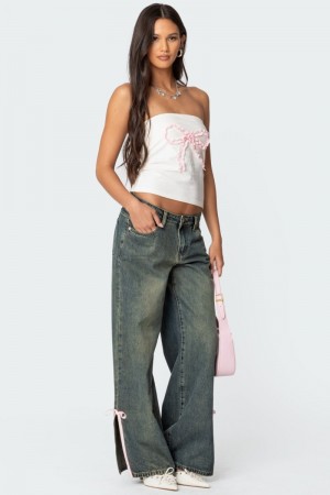 Edikted Bow Slitted Vintage Washed Jeans Blue Washed | USA WW247604X9