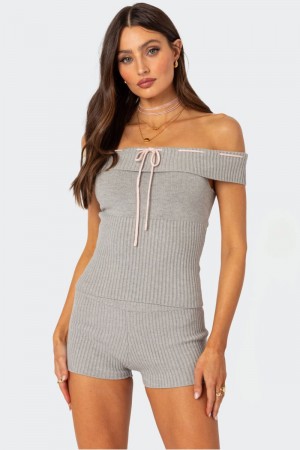 Edikted Bow Time Fold Over Knitted Tops Gray Melange | USA RH991109X7