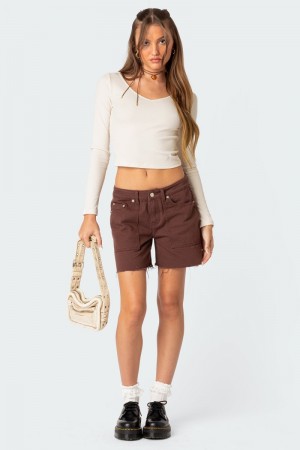Edikted Boyfriend Denim Carpenter Shorts Brown | USA PC587428A4