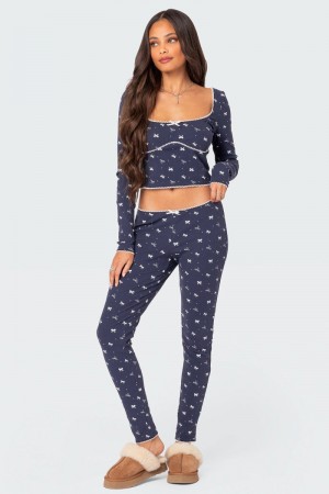 Edikted Bradley Bow Print Ribbed Pajama Leggings Pants Navy | USA FT809590D7