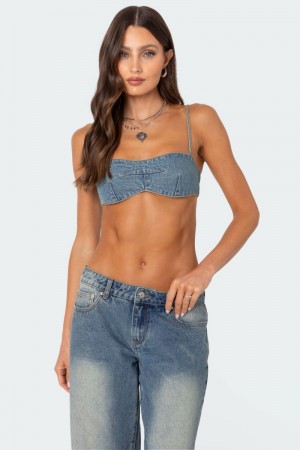 Edikted Brandy Bralette Denim Tops Blue Washed | USA PH335843T5