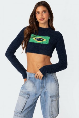 Edikted Brasil Cropped Sweater Crop Tops Navy | USA YU296129U8