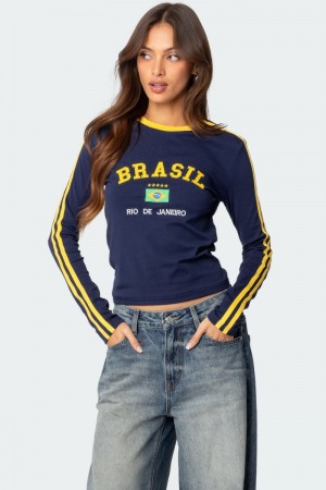 Edikted Brasil Embroidered Long Sleeve T Shirt Graphic Tops Navy | USA PE684958C7