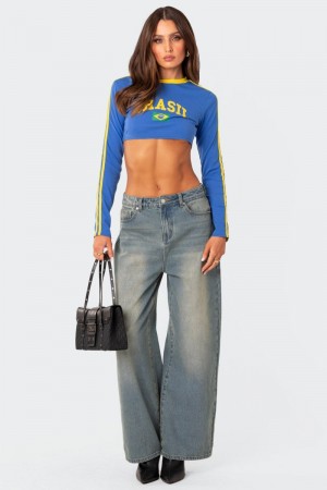 Edikted Brasild Crop Long Sleeve Tops Blue | USA BL509610V8