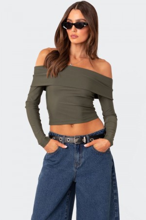 Edikted Brea Fold Over Long Sleeve Tops Olive | USA MY238563Z8