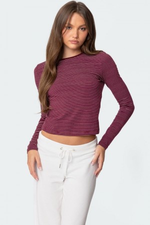 Edikted Brianna Striped Long Sleeve T Shirts Burgundy | USA ZK993289O8