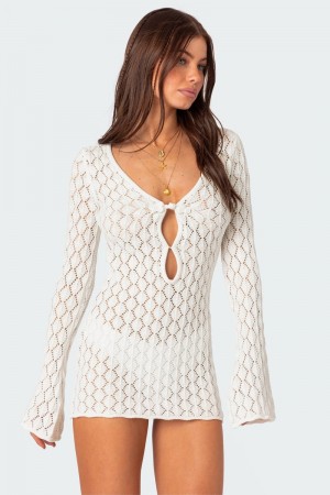 Edikted Brie Cut Out Crochet Mini Long Sleeve Dress Cream | USA DL665706X8