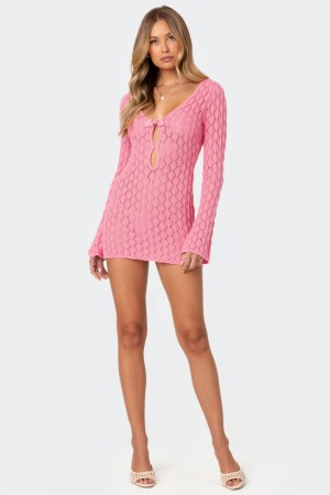 Edikted Brie Cut Out Crochet Mini Long Sleeve Dress Cream | USA SQ795679Z2