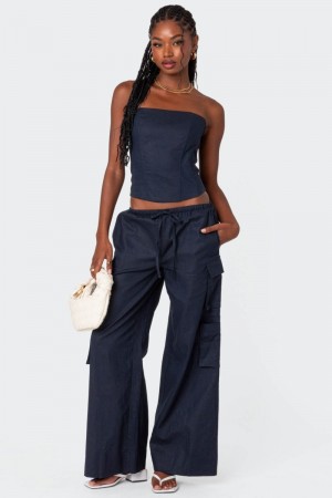 Edikted Bristol Linen Look Cargo Pants Navy | USA VI094389E6