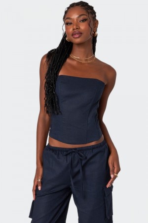 Edikted Bristol Linen Look Corset Strapless Tops Navy | USA JZ574427J6