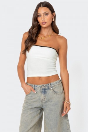 Edikted Built In Bra Waffle Tube Strapless Tops White | USA LD866856E6