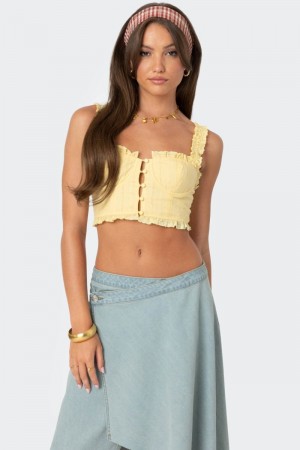 Edikted Button Front Cropped Eyelet Corset Yellow | USA II484068D4