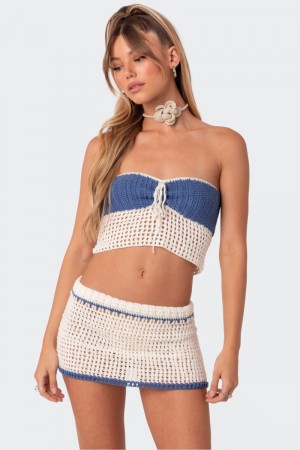 Edikted Cabana Contrast Crochet Crop Strapless Tops Blue And Cream | USA MT537243R7