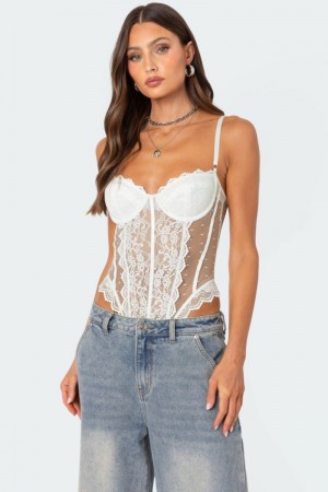 Edikted Cabaret Lacey Sheer Mesh Bodysuit White | USA RN937663B7